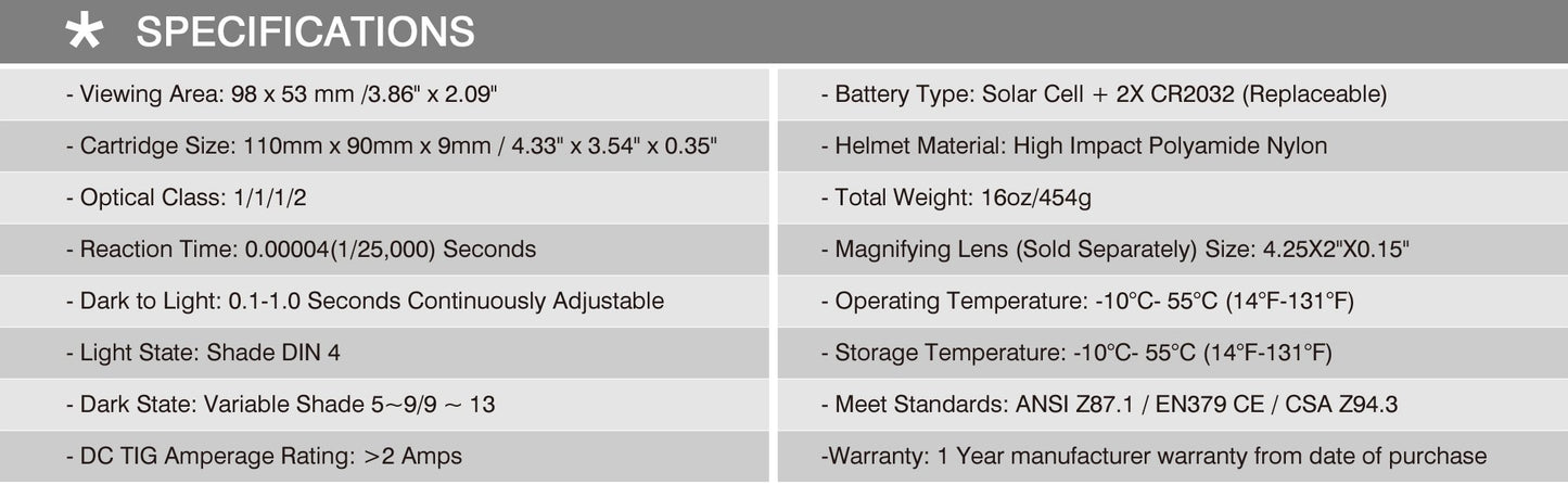 Antra™ RF121618 Solar Power Auto Darkening Welding Helmet Shade 4/5-9/9-13