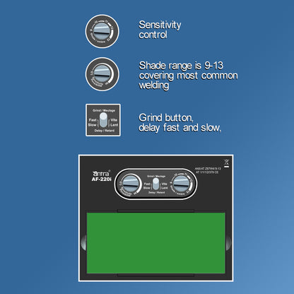 Antra AF220i Auto Darkening Lens: Control panel with sensitivity control and shade range information on a blue background