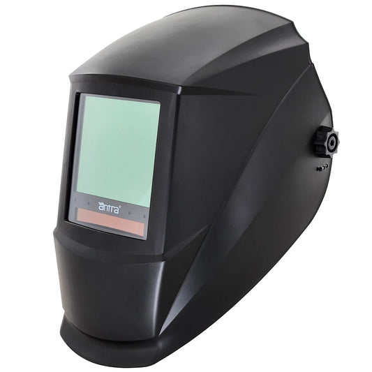 A black Antra welding helmet with huge viewing size auto darkening lens, featuring Antra branding on the front.