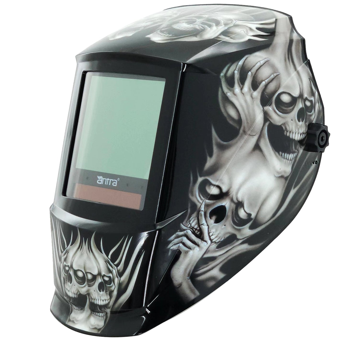 A Grey skull Antra welding helmet with huge viewing size auto darkening lens