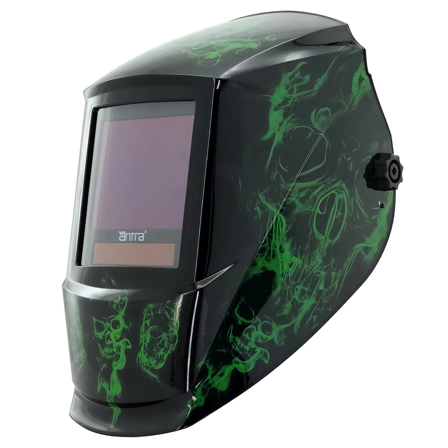 A Green Skull Antra welding helmet with huge viewing size auto darkening lens