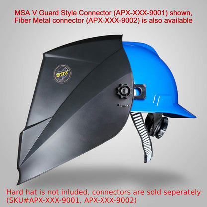 Blue hard hat with black welding helmet on a gray background, featuring Fiber Metal or MSA branding.