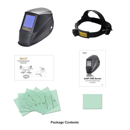 Welding helmet, headband, and manual Int. Lens APX-860-9908, Ext. Lens AP4-XXX-9907 on a white background