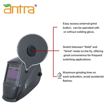 Antra DP3+ welding helmet external grind button for quick mode switching