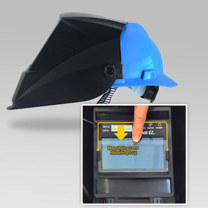 Antra DP3+ welding helmet with Fiber Metal hard hat adapter and magnifying lens installed