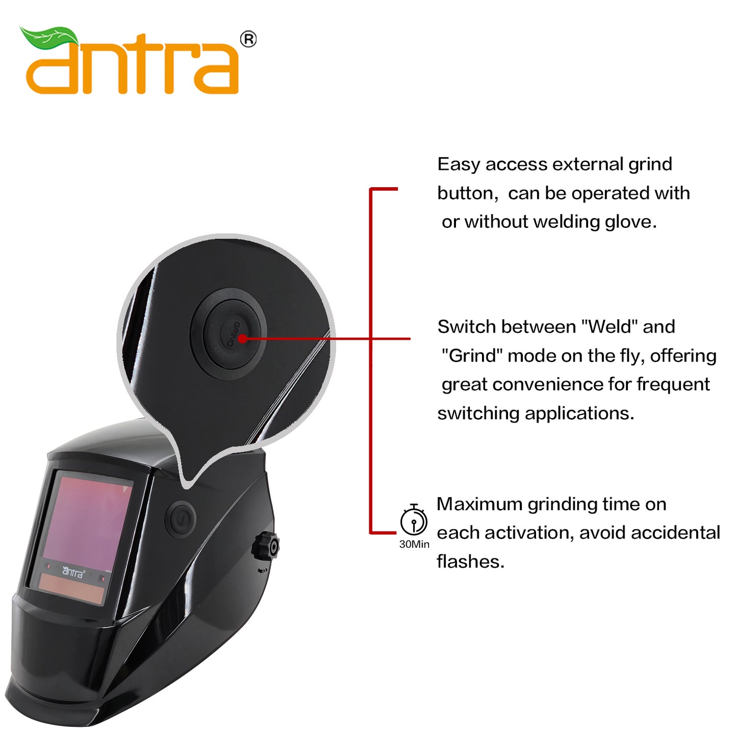 Antra DP8 welding helmet low profile grind button for quick mode switching