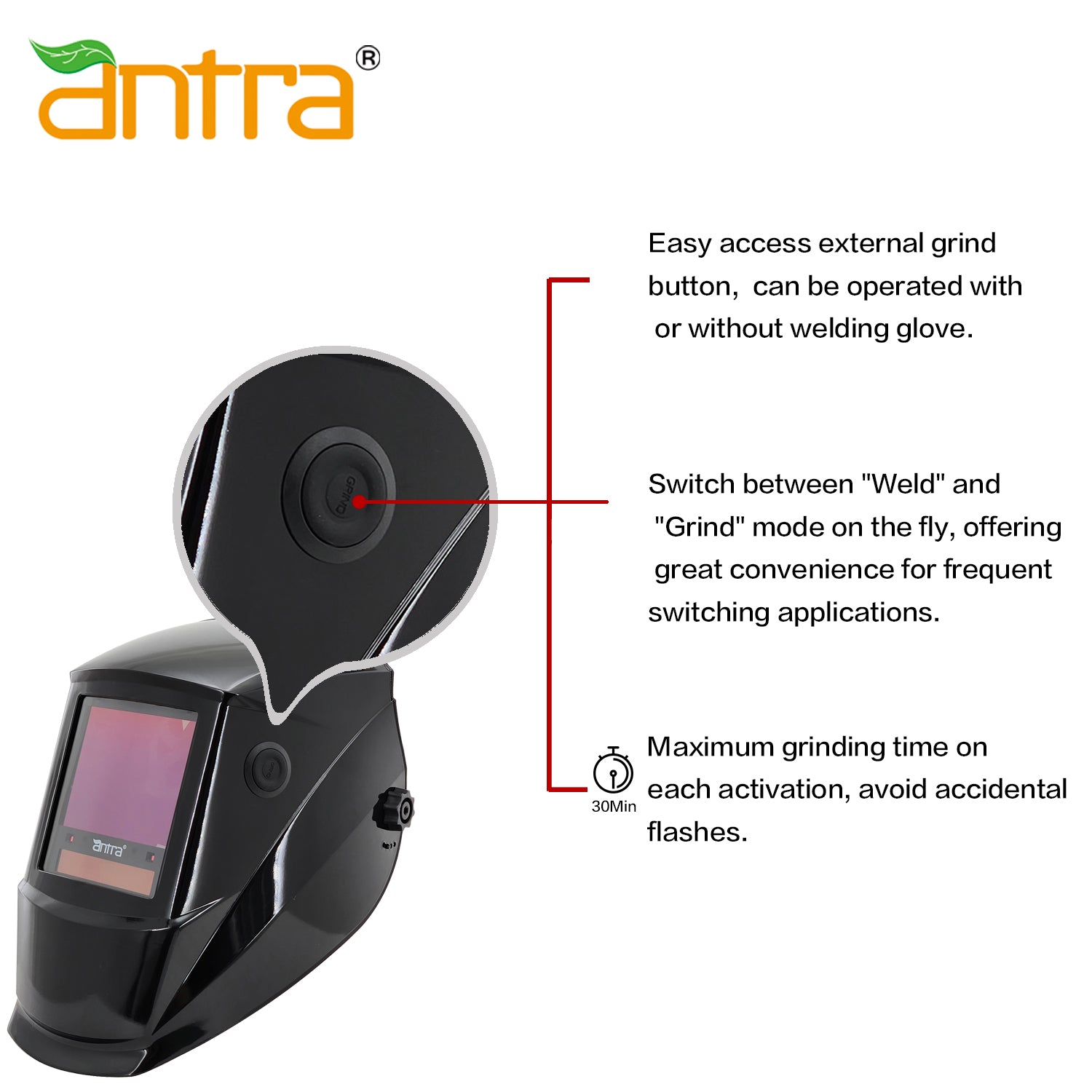 Antra DP8 welding helmet low profile grind button for quick mode switching