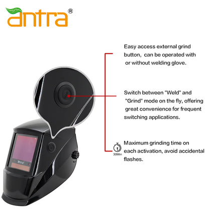 Antra DP8 welding helmet low profile grind button for quick mode switching