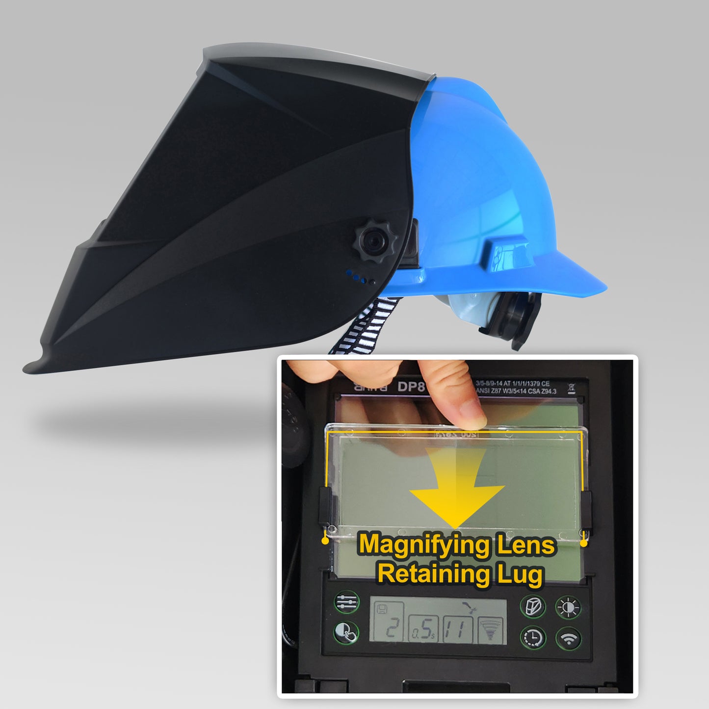 Antra DP8 welding helmet hard hat adapter and magnifying lens installation