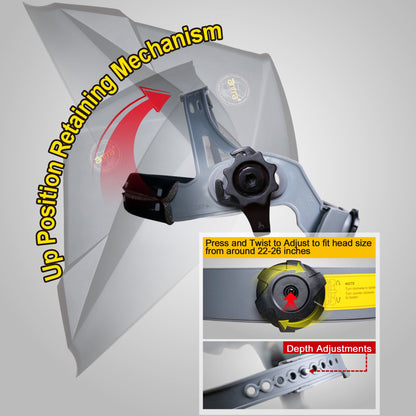 Antra DP8 welding helmet adjustable headgear mechanism for comfort fit