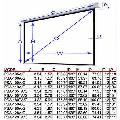 Antra™ PSA-135A 16:9 Electric Motorized Projector Projection Screen Remote Matt White